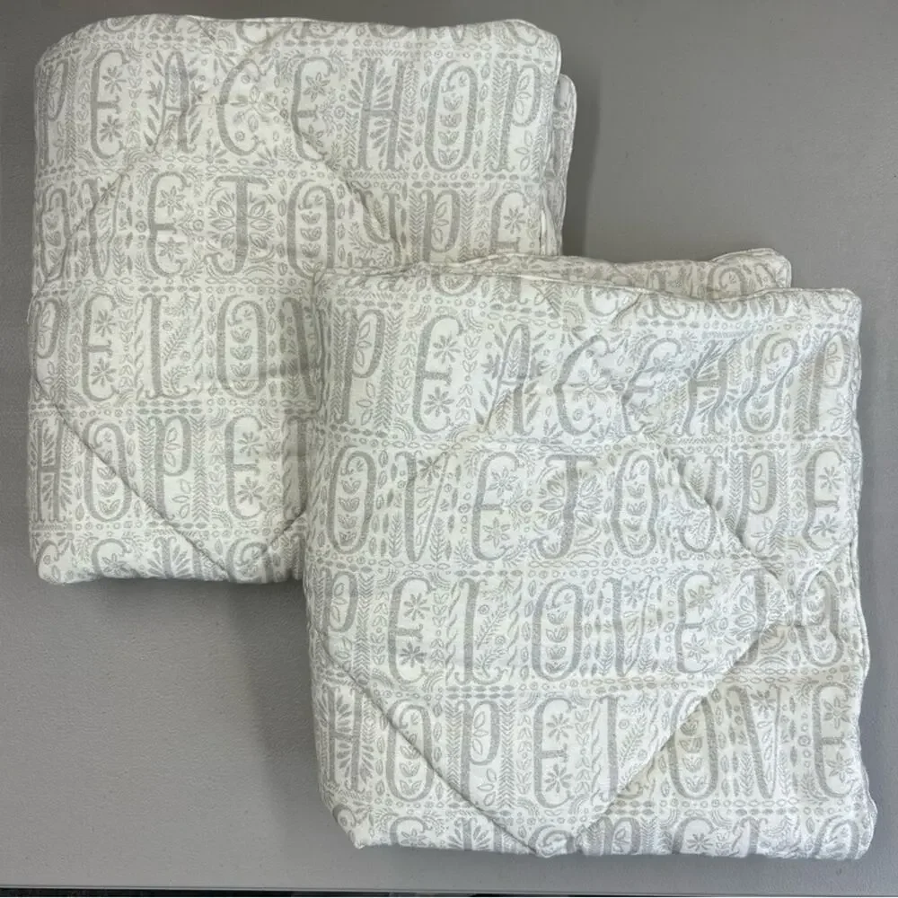 2 Pottery Barn Euro Sham Pillow Cover IDS Love Peace on Earth White Gray NEW